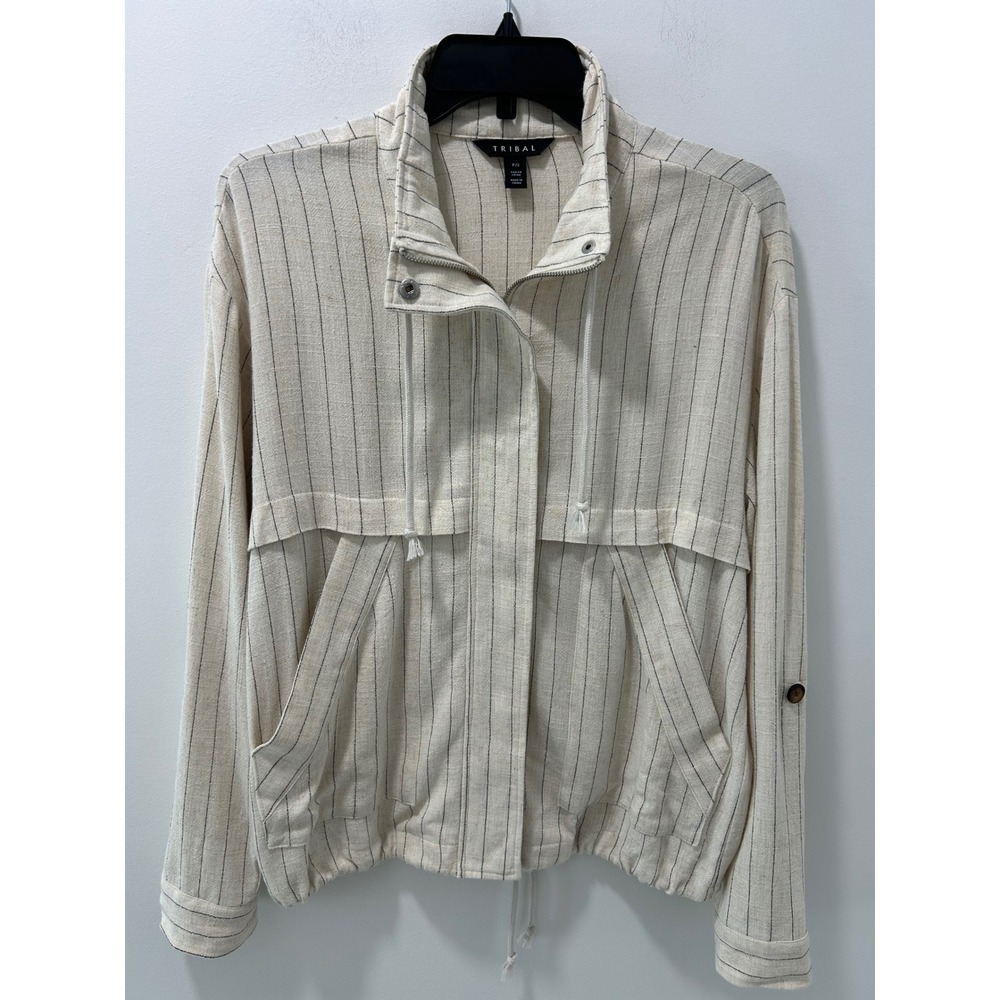 Tribal Pinstripe Linen Blend Utility Jacket Cream Black Zip Front P/S 4920O-3465